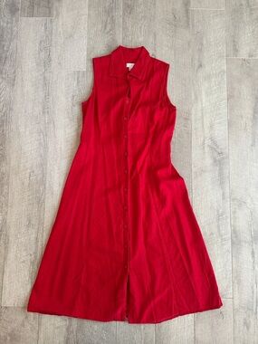 Linen Rayon Blend Red Sleeveless Button Down Midi Dress